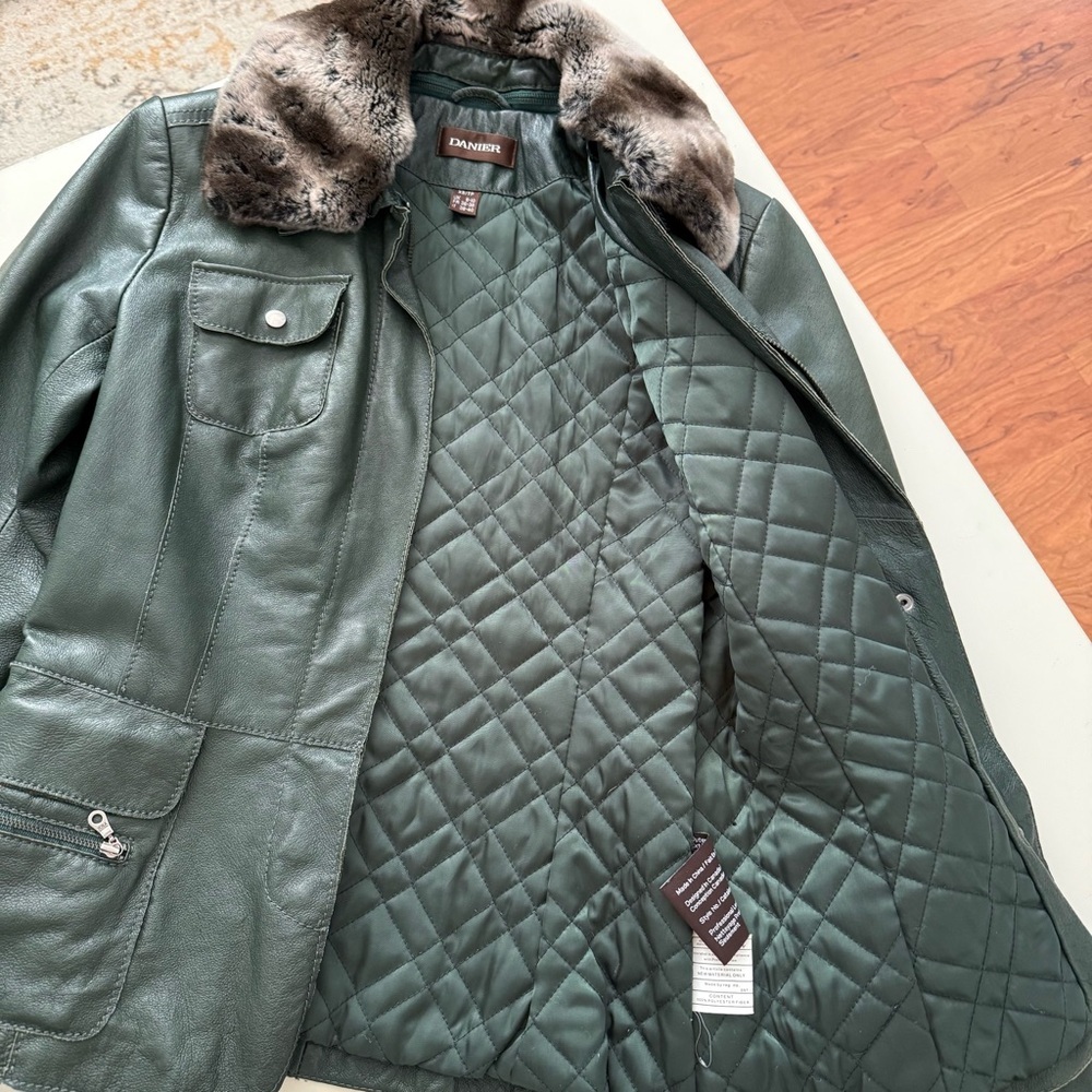 DANIER Forest Green Leather Jacket Removable Faux Fur Collar Quilted Lining Luxe - Picture 3 of 9